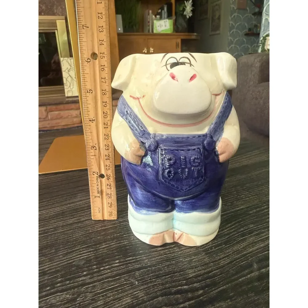 Vintage 1980s Enesco Ceramic County Fair Pig in Overalls Vase Sz. 6in